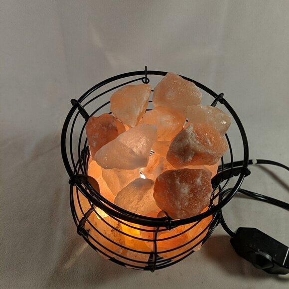 Himalayan Salt Lamp Pink Black Wire Basket Light Accent Lamp Metal Large Big - Picture 4 of 13